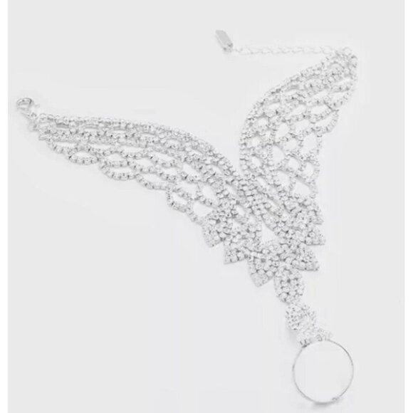 White bracelet Silver Clear Crystal Rhinestone Wedding hanf Chain Ring Bracelet - Picture 3 of 4